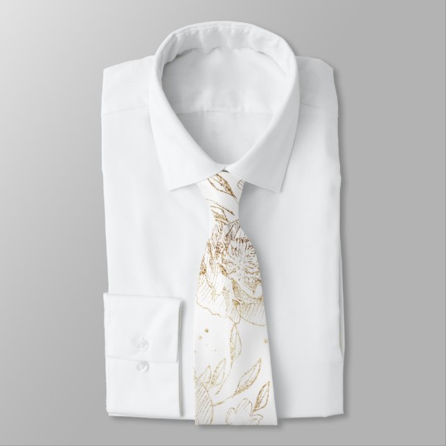 Cravate Gold Faux Elégant Mariage à main tiré Floraux (Attaché)