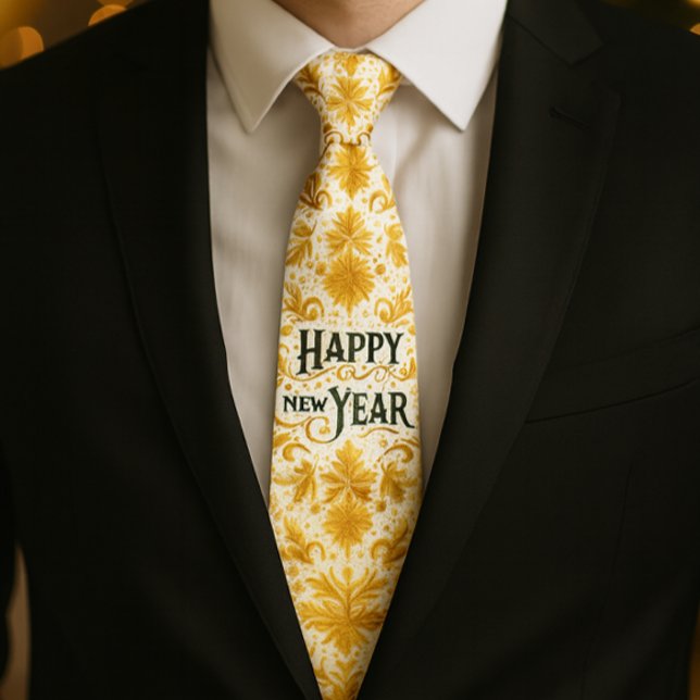 Cravate Gold Happy New Year  (Holiday style, gold flourish Happy New Year tie for a well dressed man )