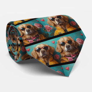 Cravate Golden Retriever avec Roses de cœur Saint-Valentin
