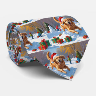 Cravate Golden Retriever dans la neige avec un chapeau de