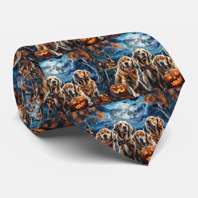 Cravate Golden Retriever Halloween Éffrayant (Roulé)
