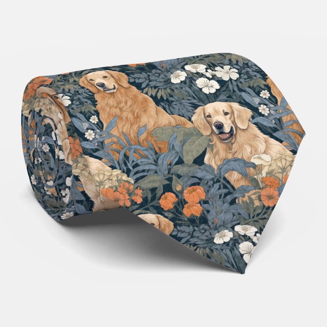 Cravate Golden Retrivers in William Morris Style Garden (Roulé)