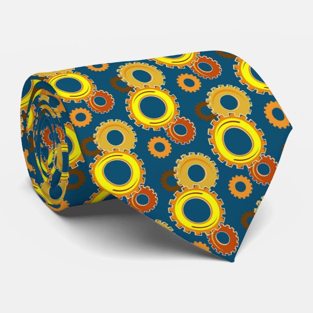Cravate Golden Yellow Gears Marine Bleu élégant mécanique (Roulé)