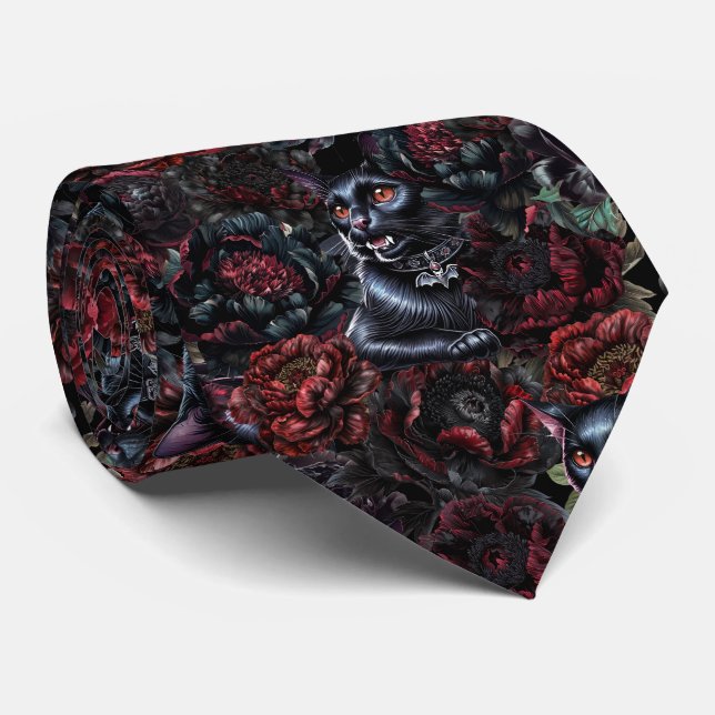 Cravate Gothic Black Cat & Dark Flowers Pattern  (Roulé)