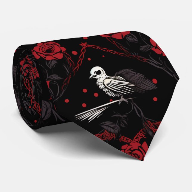 Cravate Gothic Red Roses Red Chain Hearts White Crow (Roulé)
