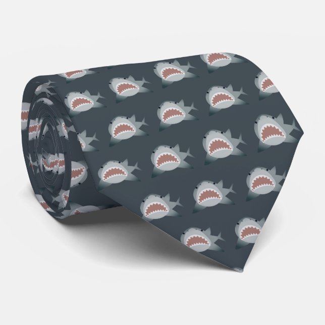 Cravate Grand requin blanc Motif bleu marine (Roulé)