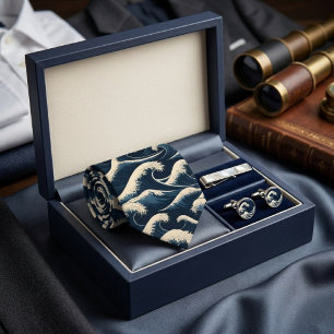 Cravate Grande Vague Hokusai Bleu Marine Motif d'Art Japon