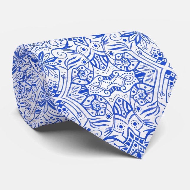 Cravate Grec Baroque Arabesque Motif azur Bleu Bleu Blanc (Roulé)