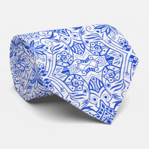 Cravate Grec Baroque Arabesque Motif Azure Bleu Bleu Blanc
