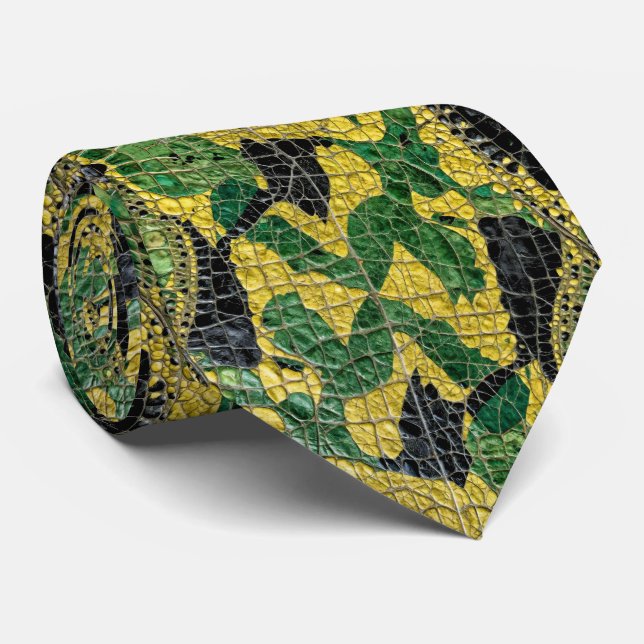 Cravate Green Yellow Alligator Crocodile Dragon Leather (Roulé)