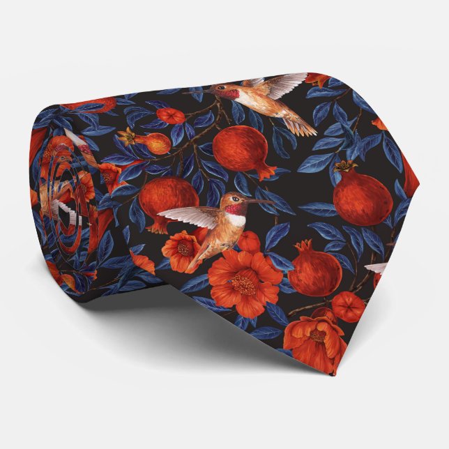 Cravate Grenade et colibris/feuilles bleus sur noir (Roulé)