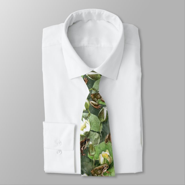 Cravate Grenouilles couture nénuphar verte et blanche (Attaché)