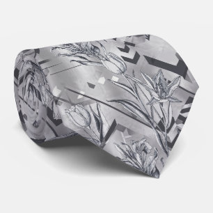 Cravate Gris Charbon Floral Gravure et Zigzag 