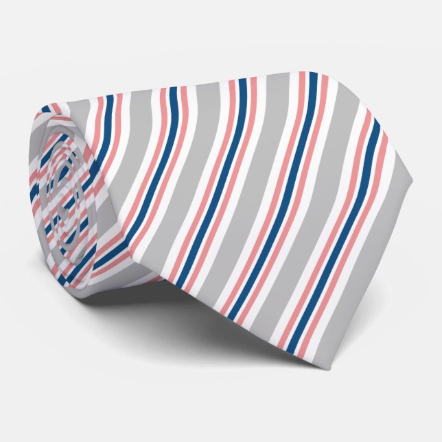 Cravate Gris Clair Bleu Marine Rose Pâle Rayures Motif (Roulé)