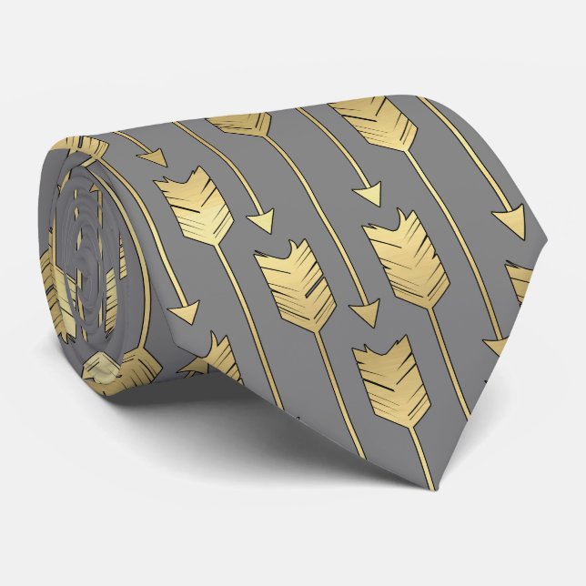 Cravate Gris et motif de flèches d'or de Faux (Roulé)