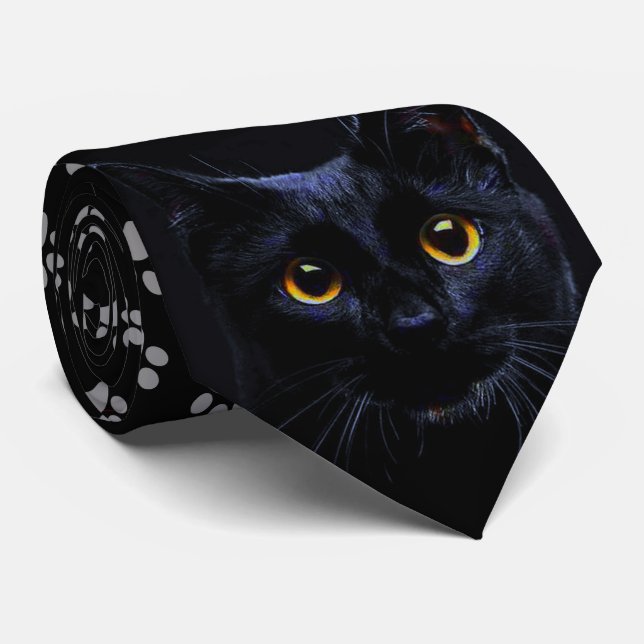 Cravate grise d'empreintes de pattes de chat noir (Roulé)
