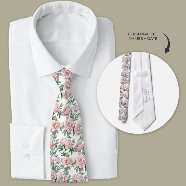 Cravate Groomsmans floraux de pivoines roses (Pink peonies watercolor personalized wedding neck ties for groom and groomsmen.)