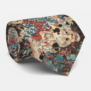 Cravate GUERRIÈRE JAPONAISE TUANT UN CHAT MONSTREUX Ukiyoe