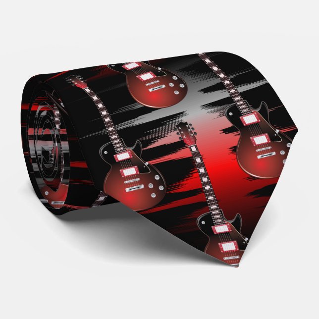 Cravate Guitare rouge et musique (Roulé)