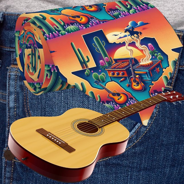 Cravate Guitares et coucher de soleil en forme de Texas (Texas themed necktie with grill/BBQ pit, guitars cactus and sunset.)
