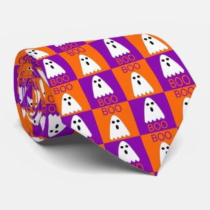 Cravate Halloween Boo Ghost Purple et Carrés orange