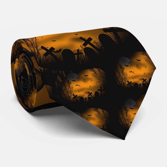 Cravate Halloween Graveyard avec chauves-souris et pierres (Roulé)