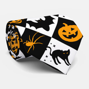 Cravate Halloween noir blanc Orange arlequin Motif