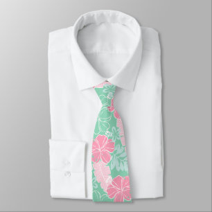 Cravate Hana Hawaïen Hibiscus Tropical - Menthe et Rose