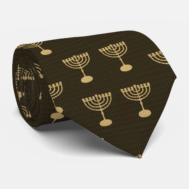 Cravate Hanoukka Festival Party Gold Menorah Motif (Roulé)