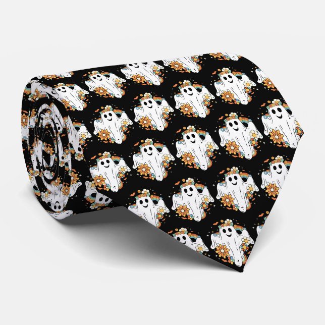 Cravate Happy Ghost Retro Hippie Vibe Motif (Roulé)