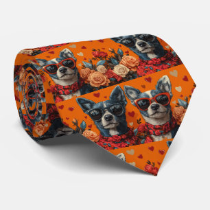 Cravate Heeler bleu avec coeur Roses Saint-Valentin