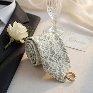 Cravate Herbier Botanique Élégant Vert Sauge & Ivoire