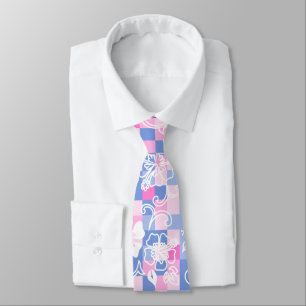 Cravate Hibiscus damier Hawaïen floral - Rose Péri