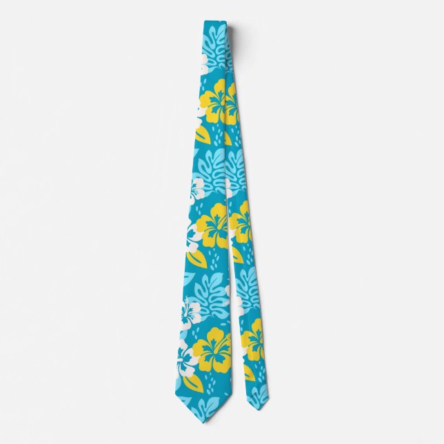 Cravate Hibiscus hawaïen bleu motif floral (Devant)