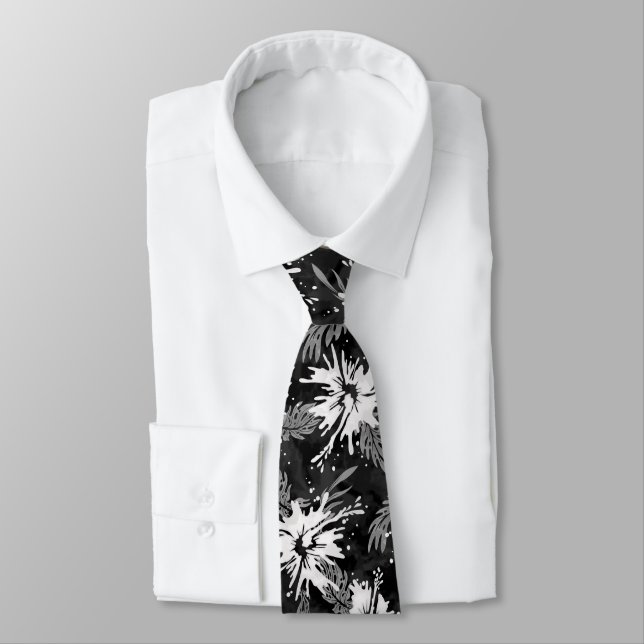 Cravate Hibiscus peint Floral hawaïen noir et blanc (Attaché)