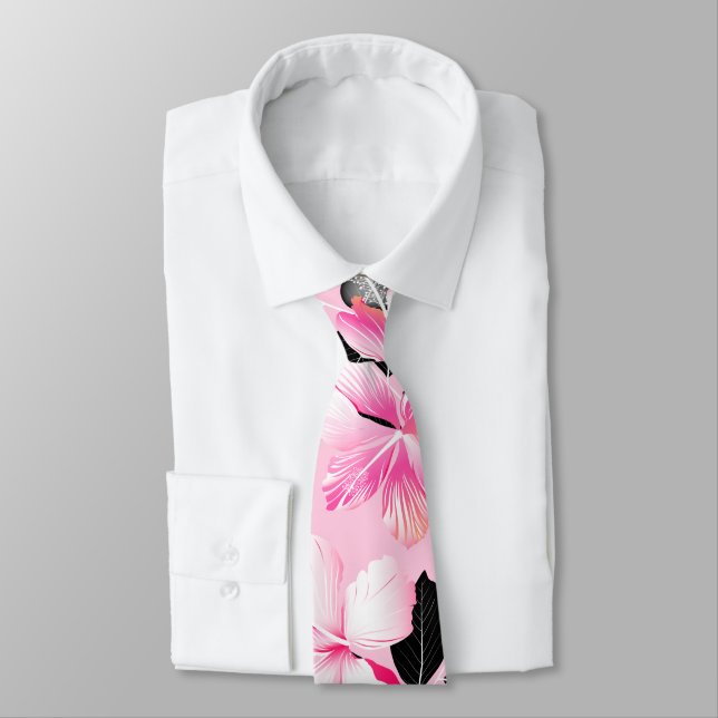 Cravate hibiscus rose avec feuilles noirs (Attaché)