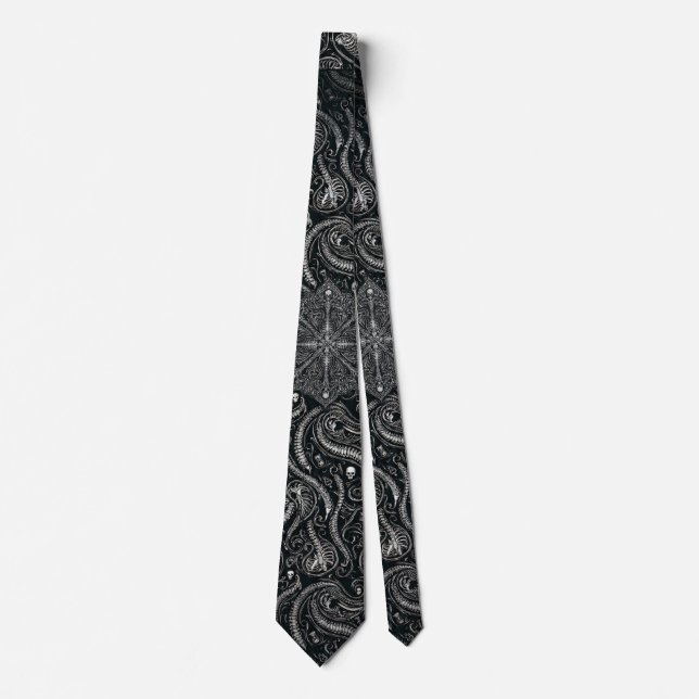 Cravate Hidden Skull & Spine Paisley | Silver Black Gothic (Devant)