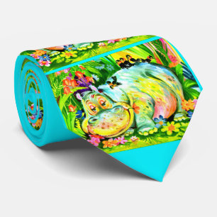 Cravate hippopotame et oiseaux aux couleurs vives imprimés