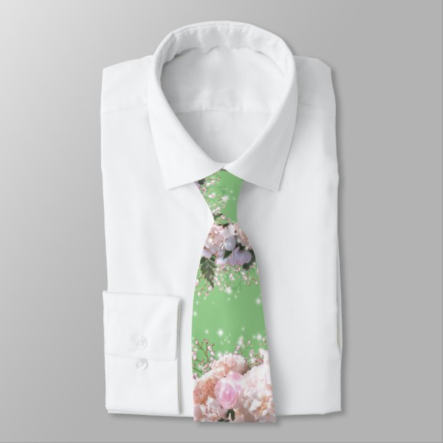 Cravate Hortensias romantiques blancs roses, fleurs blanch (Attaché)