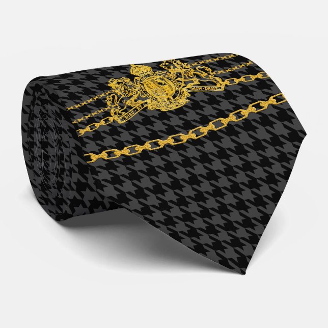 Cravate Houndstooth Gold Emblem Chain Trim Black Grey (Roulé)