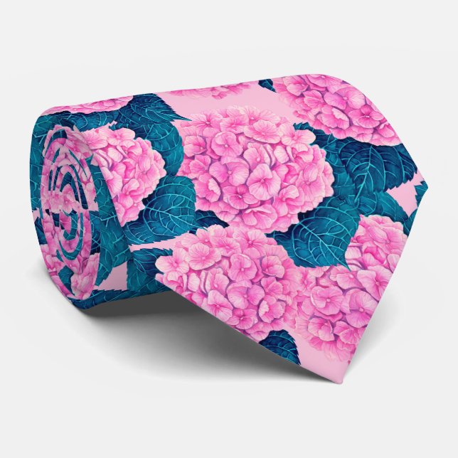 Cravate Hydrangea aquarelle motif, rose et bleu (Roulé)