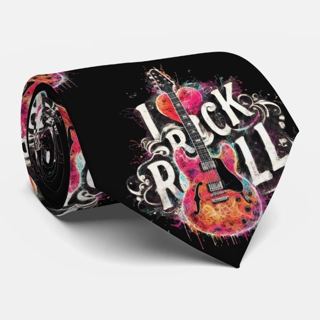 Cravate I Love Rock N Roll Guitare Électrique Peinture (Roulé)