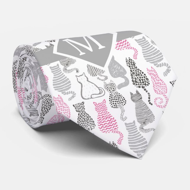Cravate Idées cadeaux de chat Whimiscal rose et gris (Roulé)