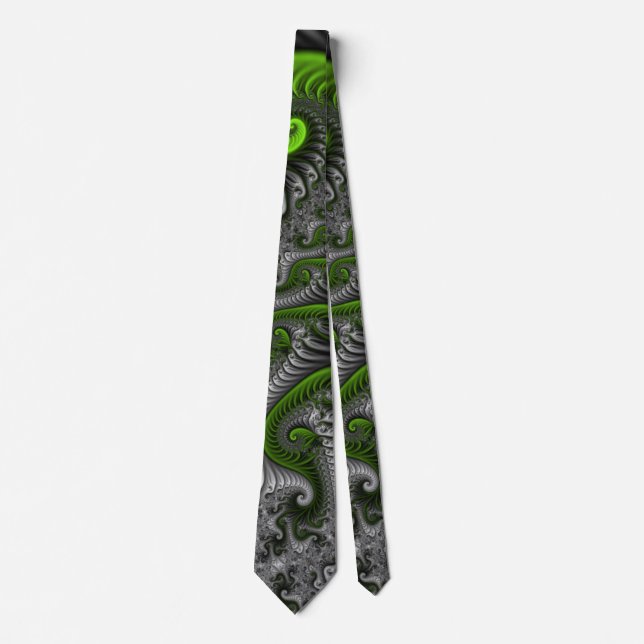 Cravate Imaginaire Monde Vert Et Gris Art Fractal Abstrait (Devant)