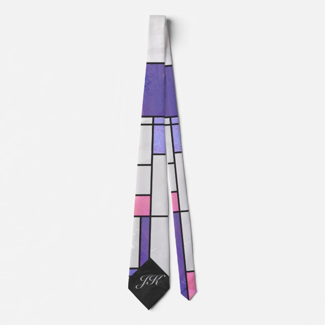 Cravate Impression blanche violette rose de Mondrian (Devant)