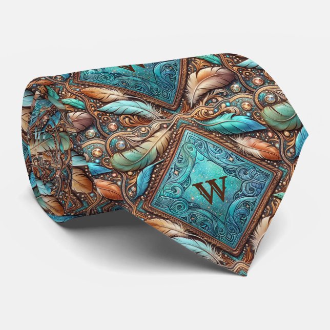 Cravate Impression et plumes en cuir occidental sur mesure (Roulé)