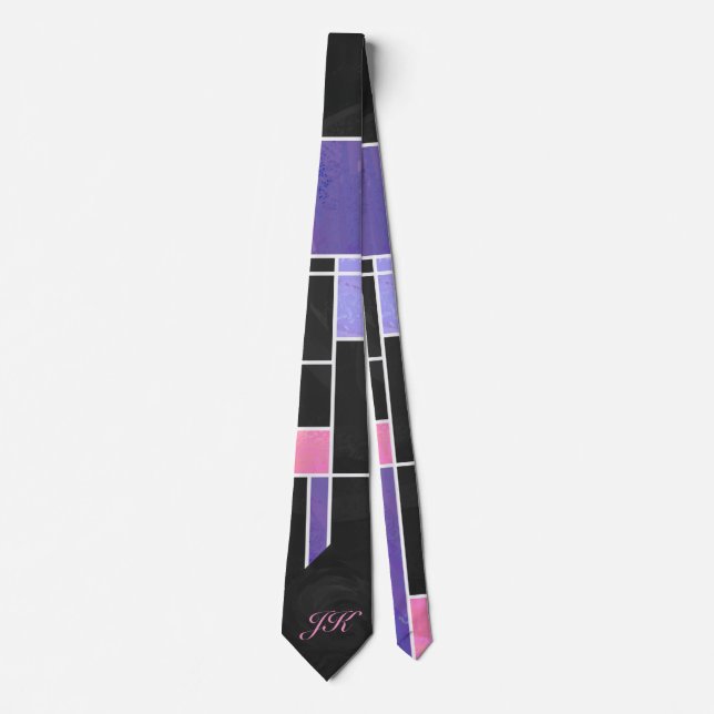 Cravate Impression noire violet mondriaque (Devant)
