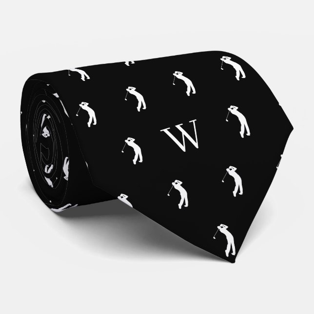 Cravate Initiales Monogrammes à voilure de golf Noir et bl (Roulé)