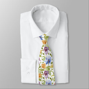 Cravate Iris et rose aquarelle motif floral