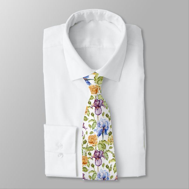 Cravate Iris et rose aquarelle motif floral (Attaché)
